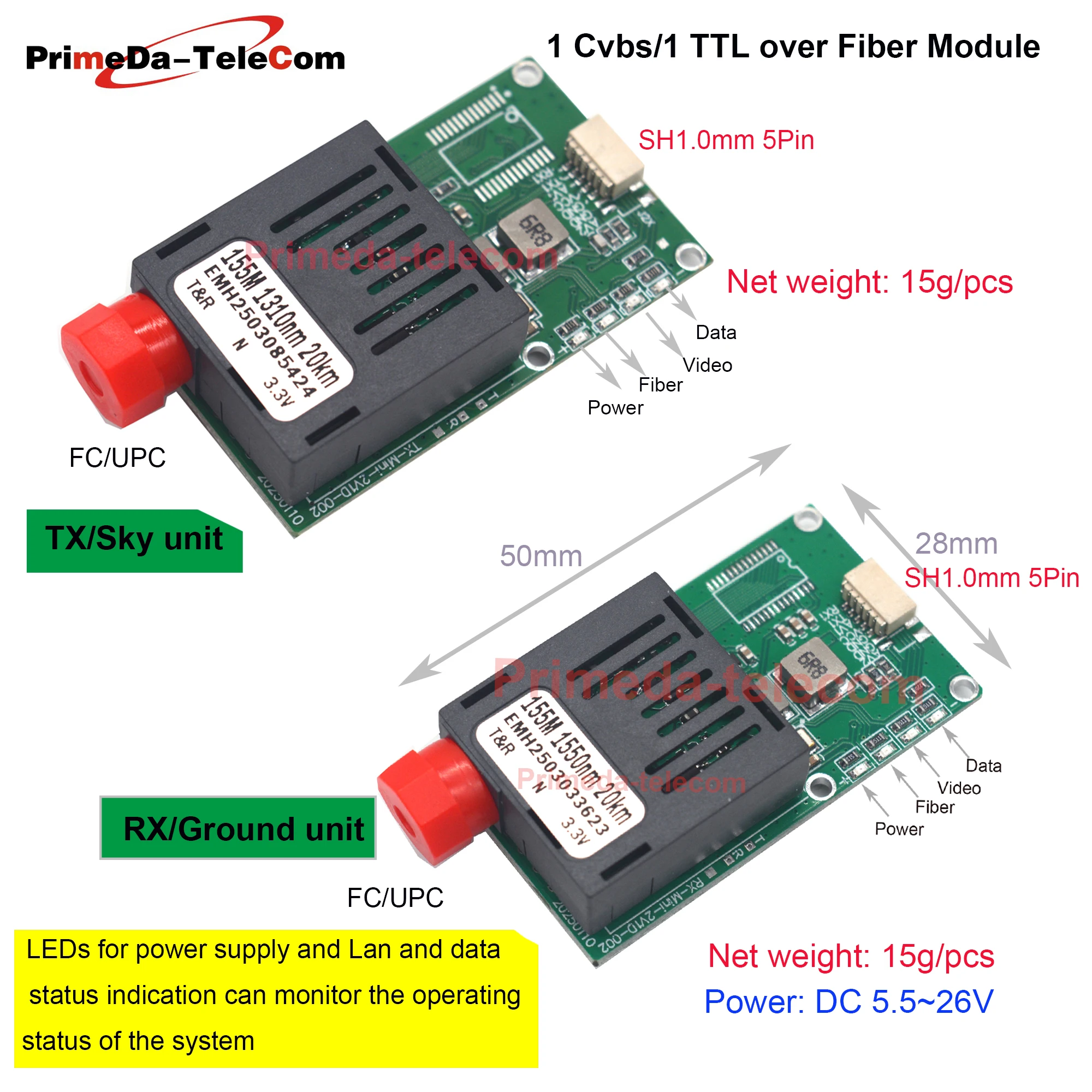Primeda Video Fiber Module Media Converter 20Km 40Km 60Km 1 Channel Cvbs Video UART  TTL SBUS FC/UPC TX/RX  -High Quality