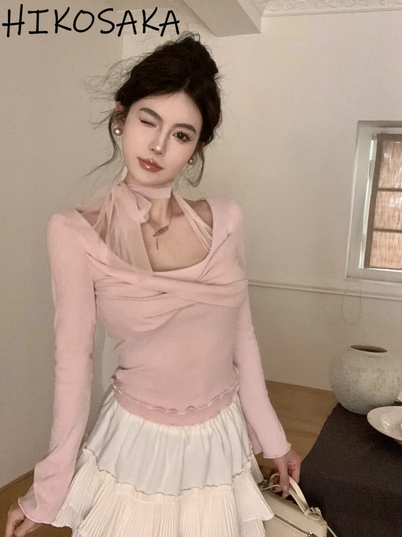 Malha doce Lace-Up Halter Patchwork T-shirt, T Casual, Fino, Elegante, Y2k Top Estético, Primavera, Falso Duas Peças, E-Girls, Sólido, Fresco