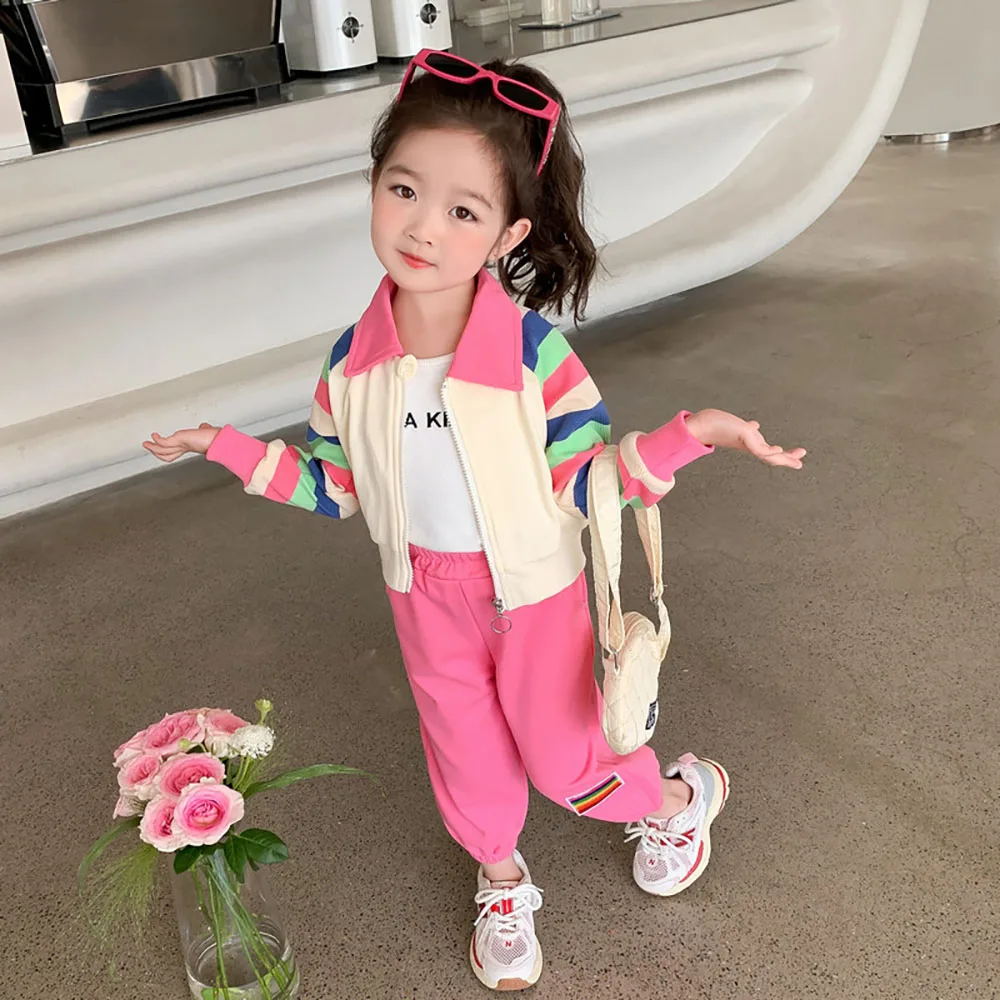 

Baby Girls Clothes Sets Rainbow Stripes Long Sleeve Kids Zipper Jackets+Pants 2Pcs Casual Loose Children Coats Trousers Suit