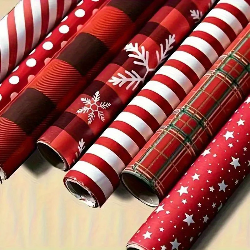 

6pcs Red Plaid & Snowflake Christmas Gift Wrap Set - Burgundy & White Checkered Paper with Brown Borders, Durable Tissue