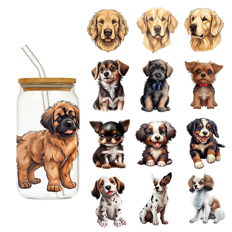 LETOP-Adesivo De Transferência De Vidro, Envoltórios De Copo, Cute Small Pets Dogs, 3D, UV, Dtf, Rótulos Para Vidro, 16oz, 1Pc