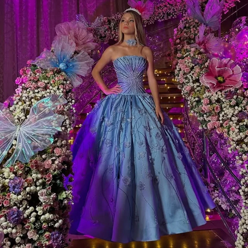

Customized blue Quinceanera Dresses Off the Shoulder sequin applique 3D flower Long tail Vestido 15 Quinceanera