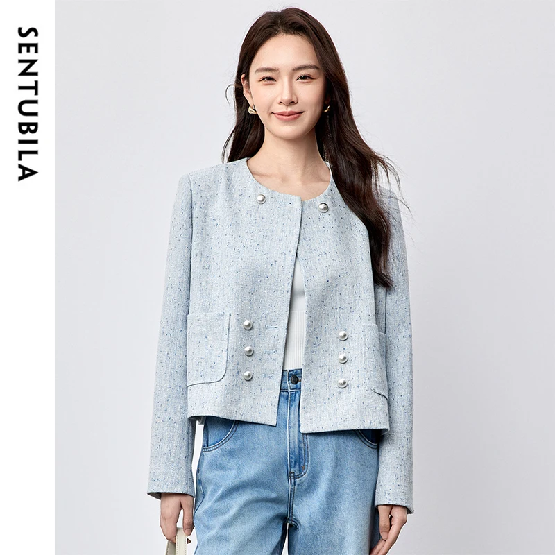 SENTUBILA Korean Popular Women's Jackets Office Lady Straight Crew Neck Metal Double Breasted Luxury Party Outerwear 151W58655