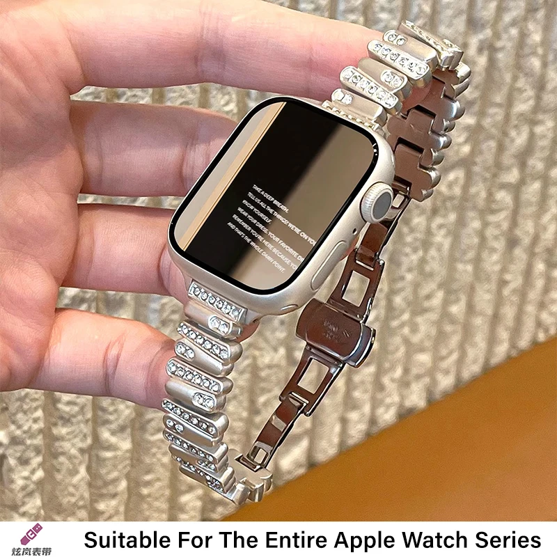 

Роскошный тонкий нерегулярный ремешок для Apple Watch 8 49 9 7 SE 6, женский металлический браслет с бриллиантами для iWatch 45 42 44 40 41 38