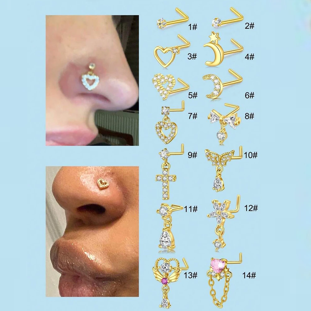 20G Nose Rings Stud, Stainless Steel L Shape Dangling Nose Piercing Jewelry, Flower Butterfly Moon Star CZ Cute Nose Piercing view 6