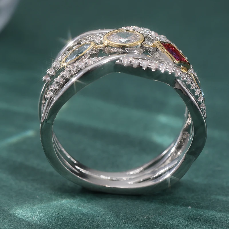 Vintage Zweifarbig Eingelegter Weiß-Rot-Grüner CZ Damenring Geometrisch Ausgehöhlt Tägliches Tragen Party-Schmuck – Detail 1