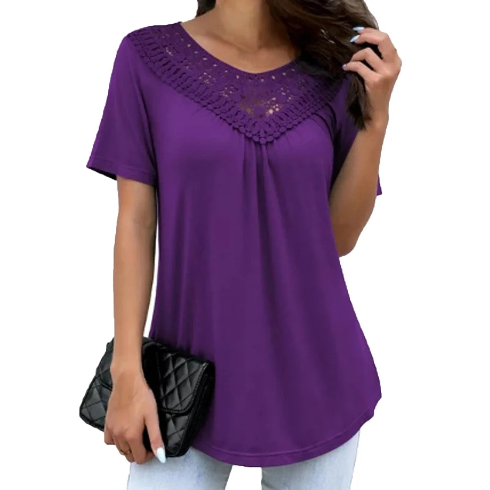 Women\'s Top Trending Clothes 2024 Plus Size Top Casual Solid Color Lace Stitching Round Neck Loose Short Sleeves Clothes