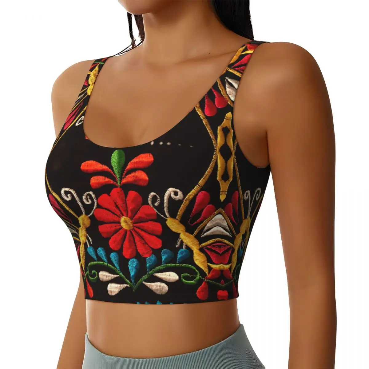 Custom Mexican Butterflies And Flower Pattern Sports Bra for Women Otomi Embroidery Art High Impact Workout Yoga Crop Top