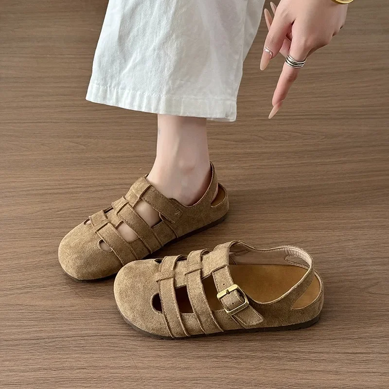 Women's Casual Round Head Flat Shoes Summer New Baotou Cow Suede Metal Buckle Soft Sole Anti-slip Wear-resistant Sandals view 2