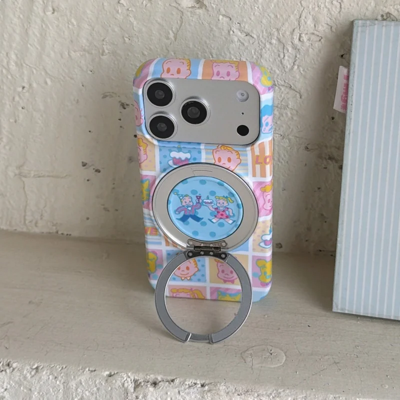 Fashion Cartoon Boy Girl Phone Case For iPhone 17 Pro 16 15 Pro Max Cover with Rotation Stand Hard Protective Cases For iPhone 1