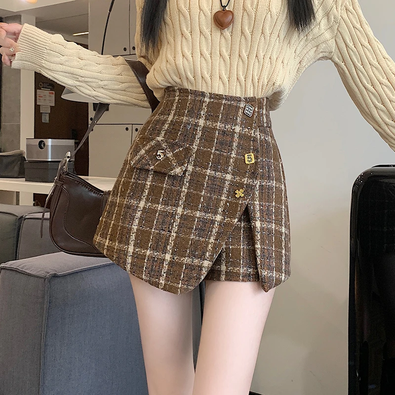 2023 Autumn/Winter High Waist Irregular A-line Slim Wool Plaid Small Fragrant Short Skirt Pants