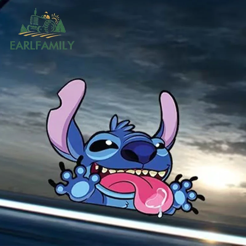 EARLFAMILY 13cm x 9.9cm Cute Stitch Peek Car Sticker Car Door Protector Windows Cartoon Big Ears Decal Creative Windows Decor