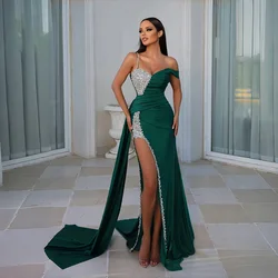 YQLNNE Emerald Green High Slit Crystals Prom Dresses Long One Shoulder Beaded Stretch Satin Formal Party Evening Gown Side Train