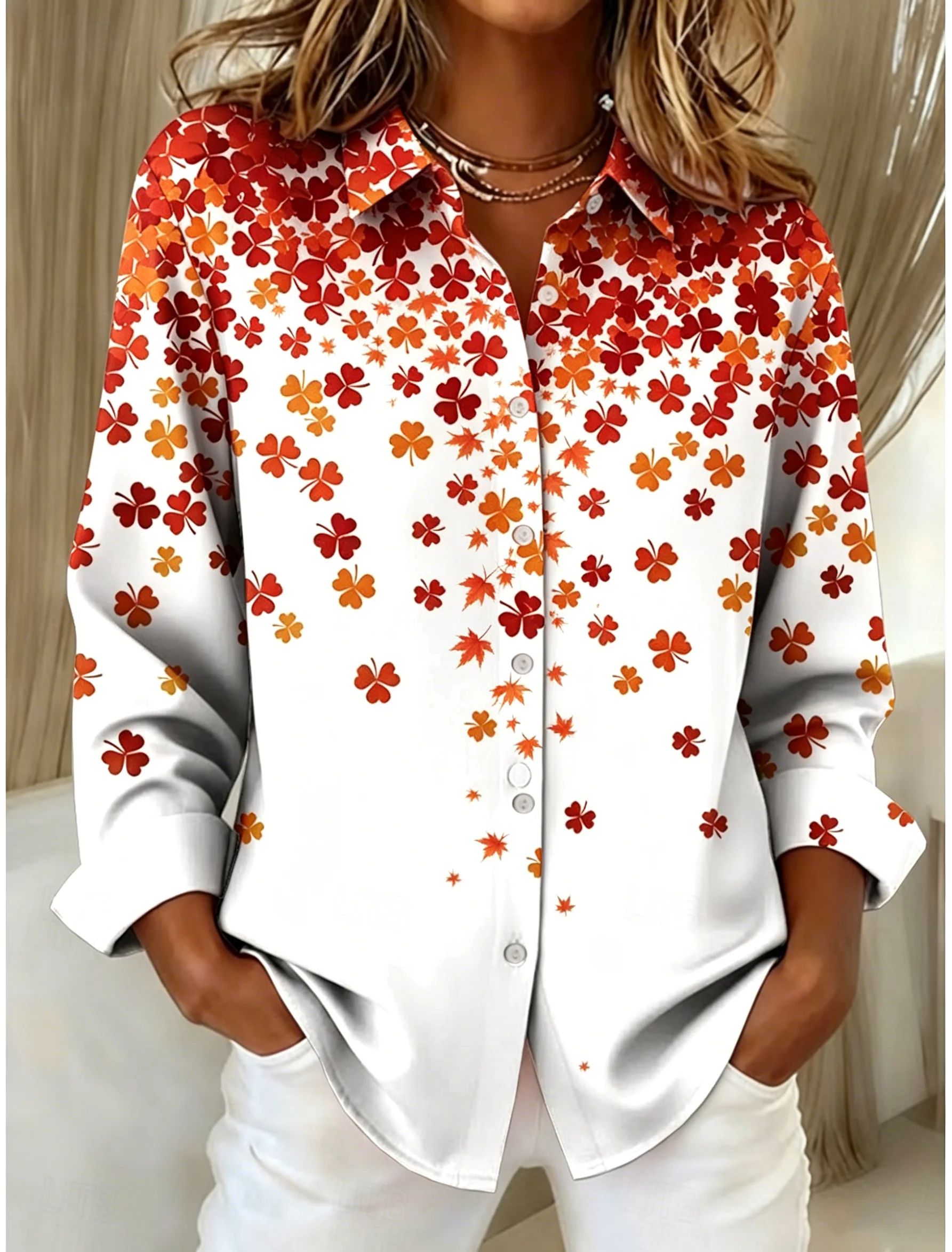 

Women's Long Sleeve Ombre Clover Print Button Down Casual Shirt Elegant Daily Blouse Tops in White for Spring Summer