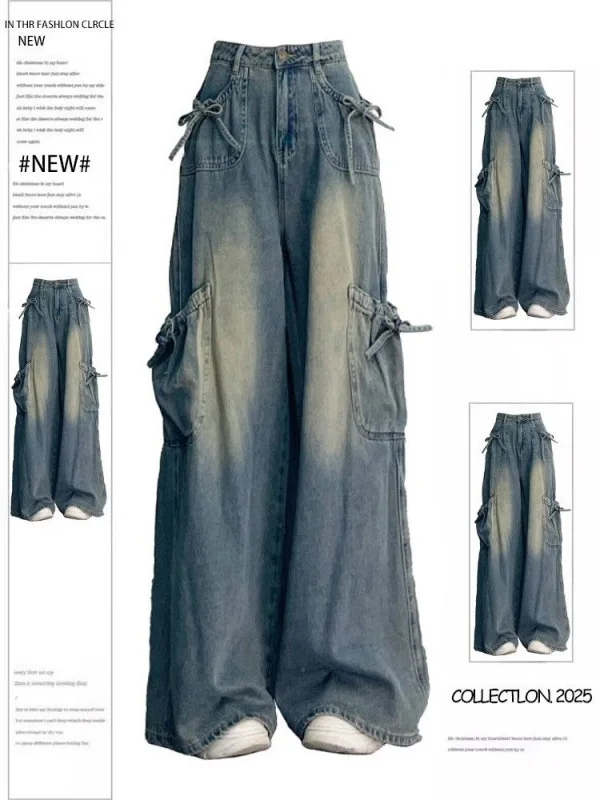 

Женские джинсы больших размеров (до 136 кг) с поясом-завязкой, широкие брюки в пол, новинка весна-осень