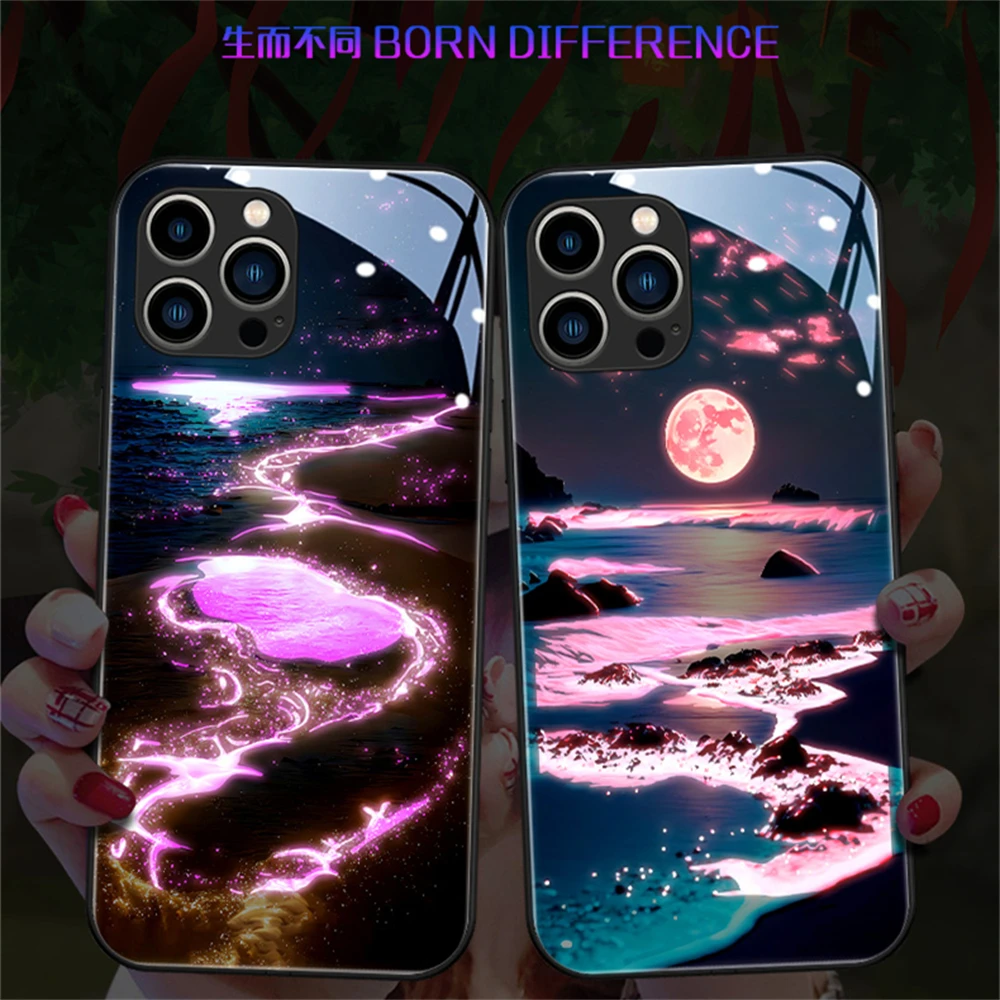 So Cool Meteor Beach Design Sound Control LED Flash Case Luminous Glass Cover For iPhone 16 15 14 13 12 11 Pro Max XR XS Plus