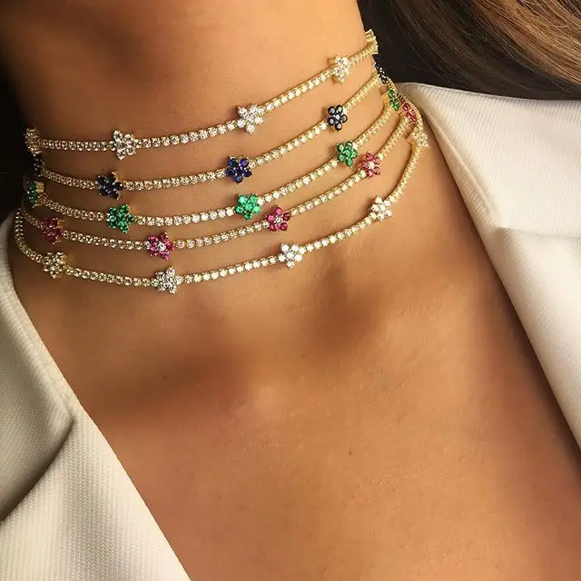 2026 spring summer gift jewelry tennis cz choker thin chain flower charm green red orange white colorful choker necklace