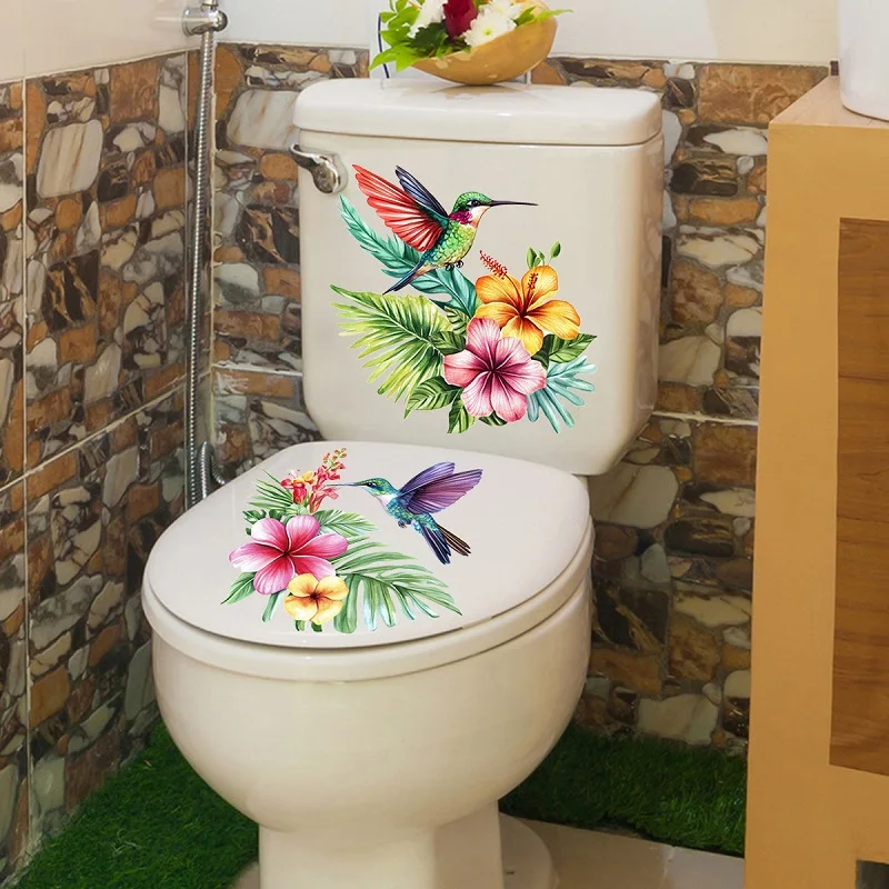 Hand-painted Flower and Hummingbird Bathroom Toilet Wall Decal Self-Adhesive Waterproof Wall Stickers for Home Decor