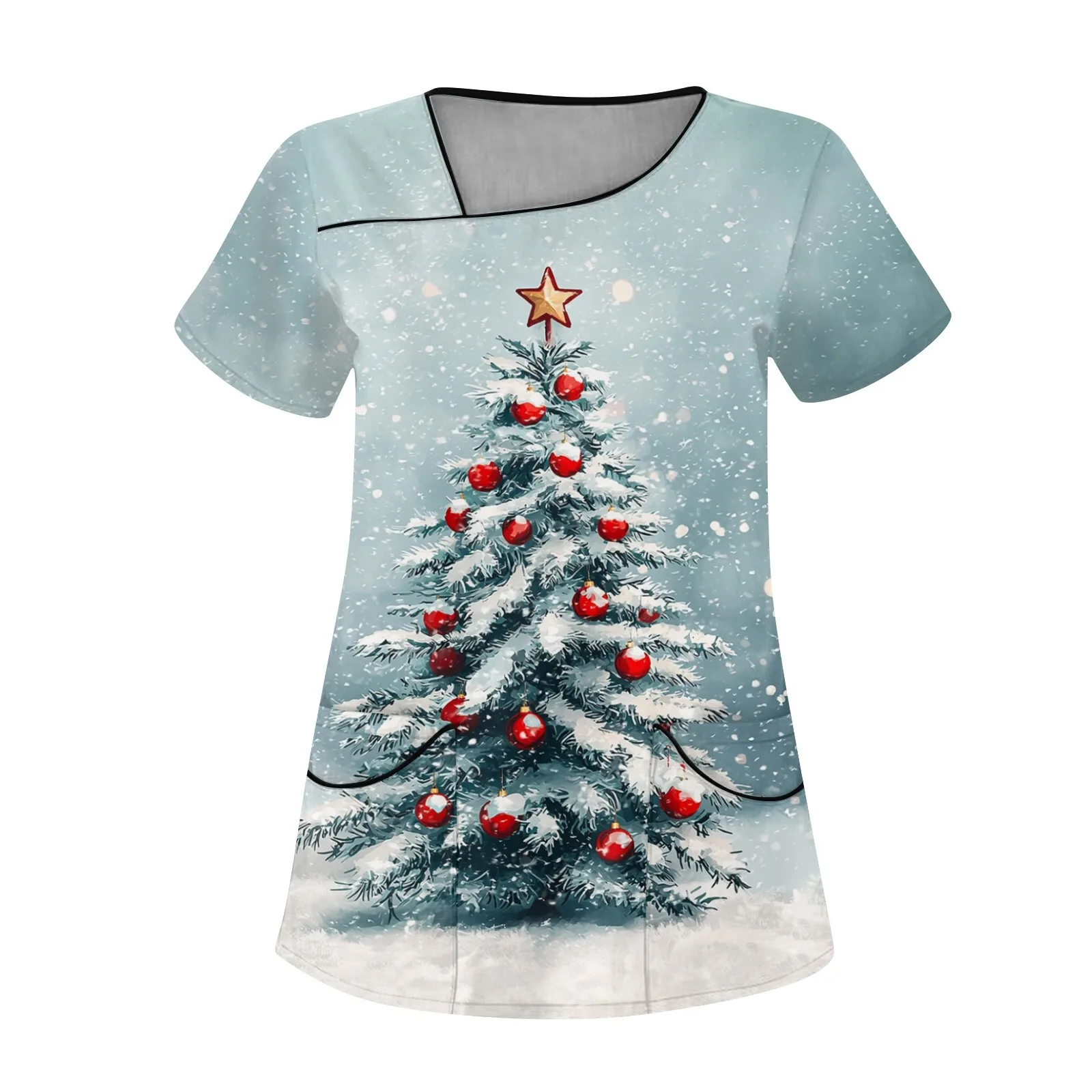 Uniforme sanitário mulher bonito boneco de neve estampas com decote em v bolsos de manga curta em material micro-elástico topos uniformes clínicos mulher