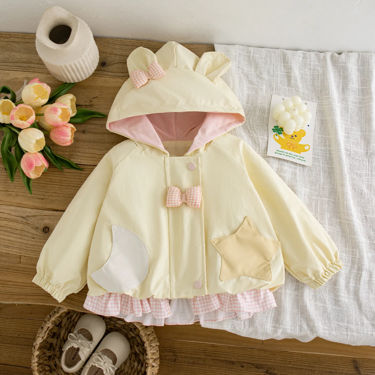 Autumn New Sweet Contrasting Design Baby Girl Coat Children'S Warm Hooded Clothes (9 Months -4 Years Old)
