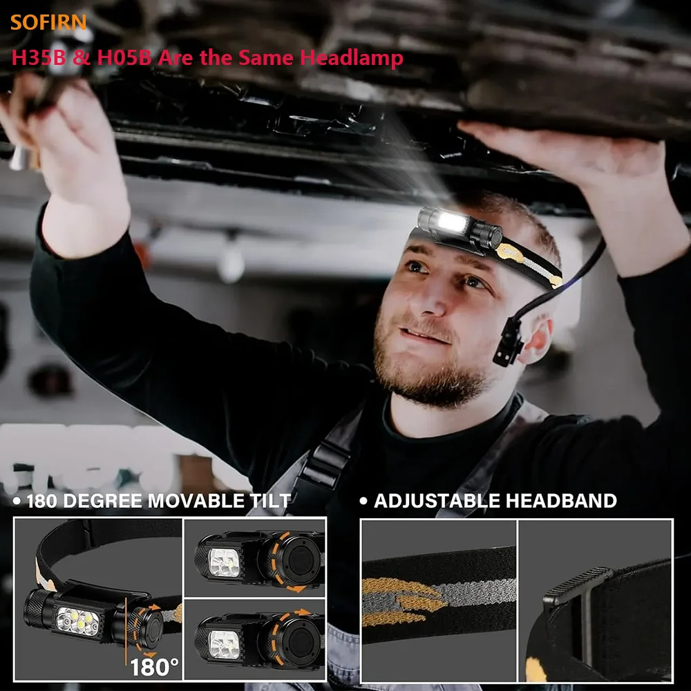 SOFIRN H35B(H05B) Headlamp 1200 Lumen 5 LED White Red Light IP66 Waterproof 18650 Type‑C Rechargeable Head Torch for Hunting