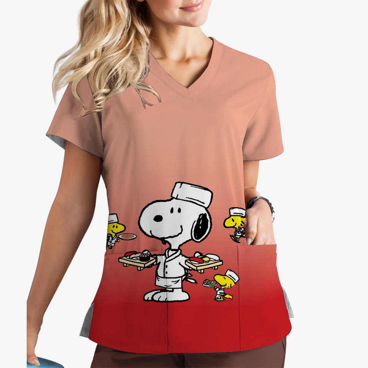 Tops de moda de manga corta para mujer, Top exfoliante con estampado de Snoopy de Disney, Top exfoliante con cuello en V, ropa quirúrgica para salón de belleza y Spa