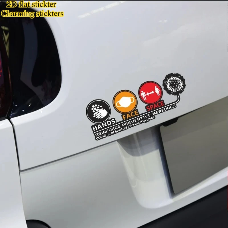 1Pc 2D Flat Anti-Virus Safety Warning Vinyl Sticker Hand Face Reminder Decal For Car Window Personal Decor
