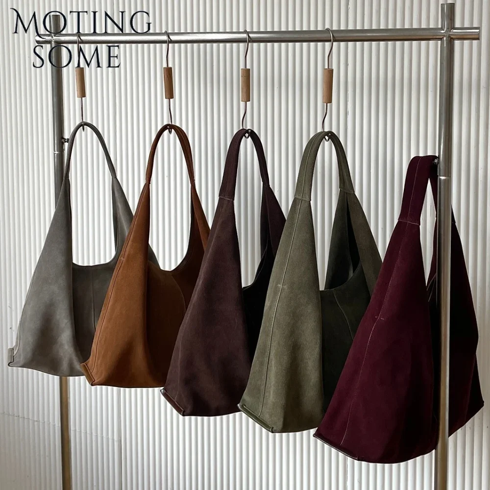 Motingsome Oversized 42cm Women Suede Bag Luxury Saddle Purses 100% Natural Suede Leather Causal Tote Rommy Commuting Purse 2024