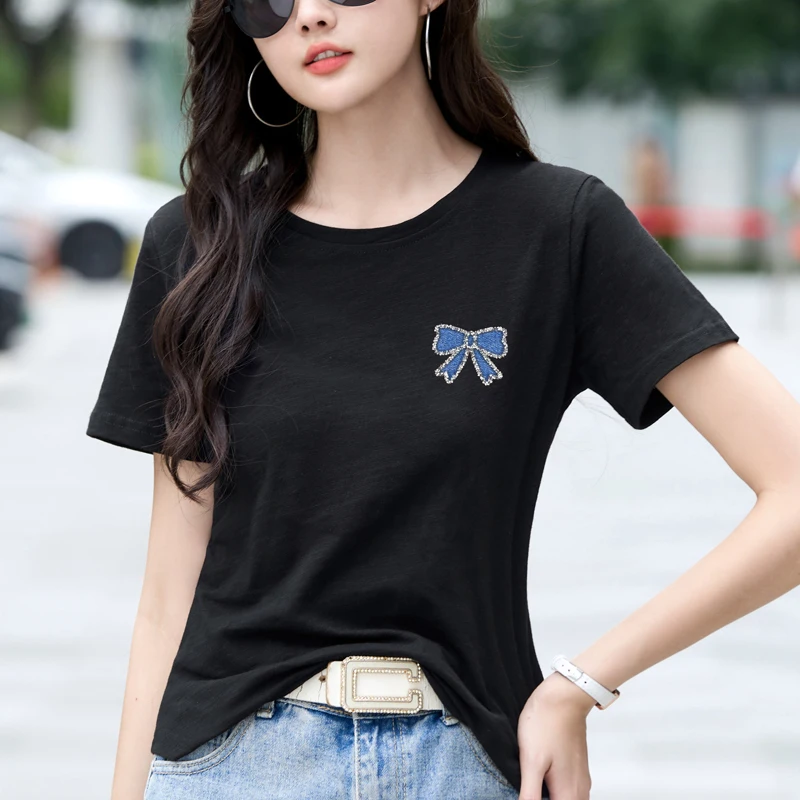 AOSSVIAO جديد جودة عالية القوس تي شيرت مطبوع القطن الخالص قصيرة الأكمام طاقم الرقبة القمم لينة مريحة أنيقة المرأة تي شيرت #4