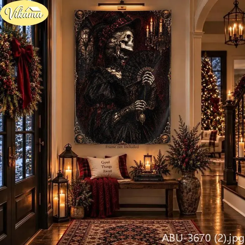 VIKAMA Dark Skeletal Children Sleigh Lantern Hamlet Wall Tapestry Noir Victorian Winter Snow Village Festive Room Home Decor