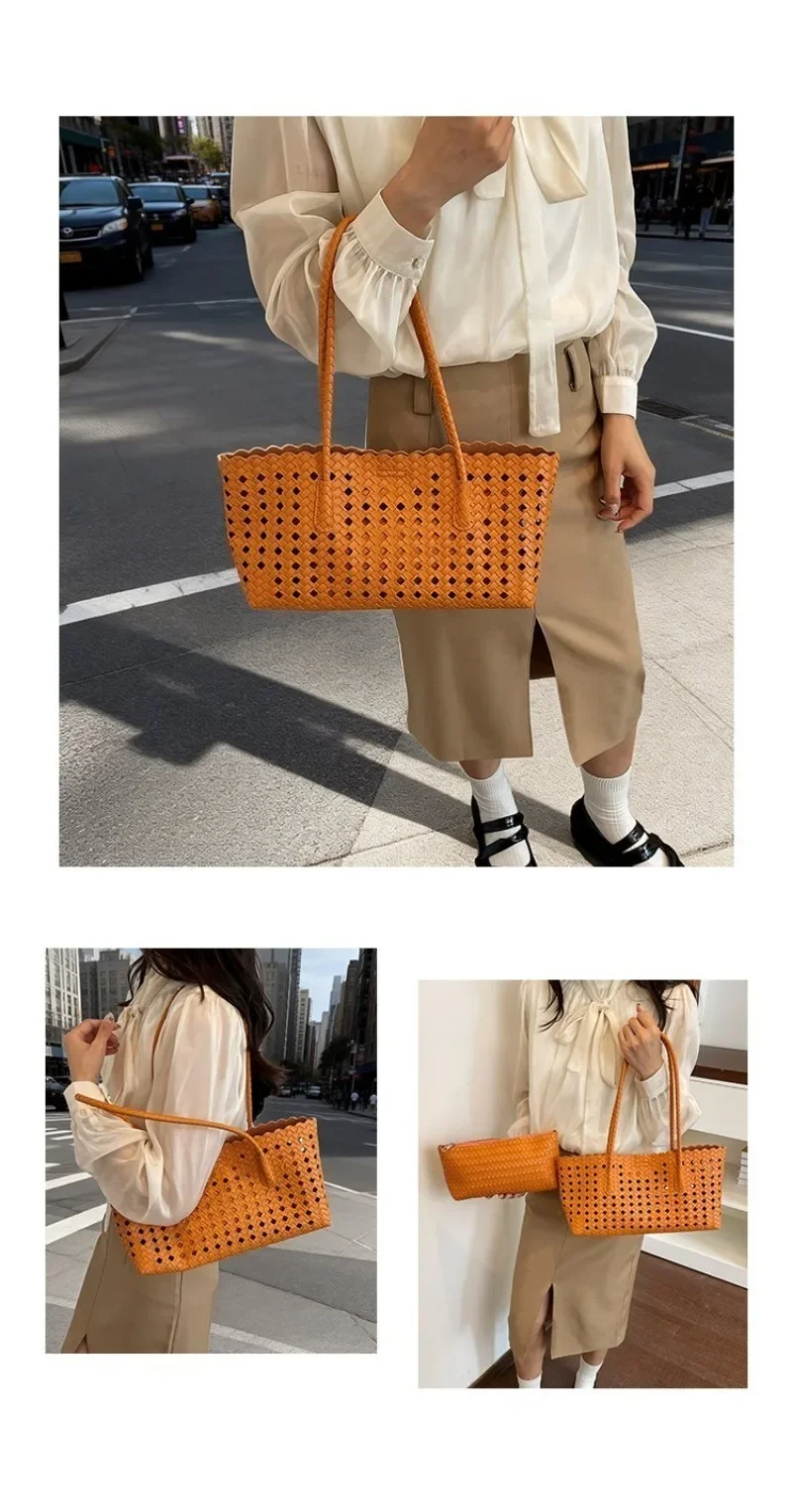 CEEKAY Damen-Tragetasche, orange, gewebtes Kunstleder, große Schulterhandtasche mit Reißverschlusstaschen-Set, Sommer, Strand, Urlaub, Mode – Detail 2