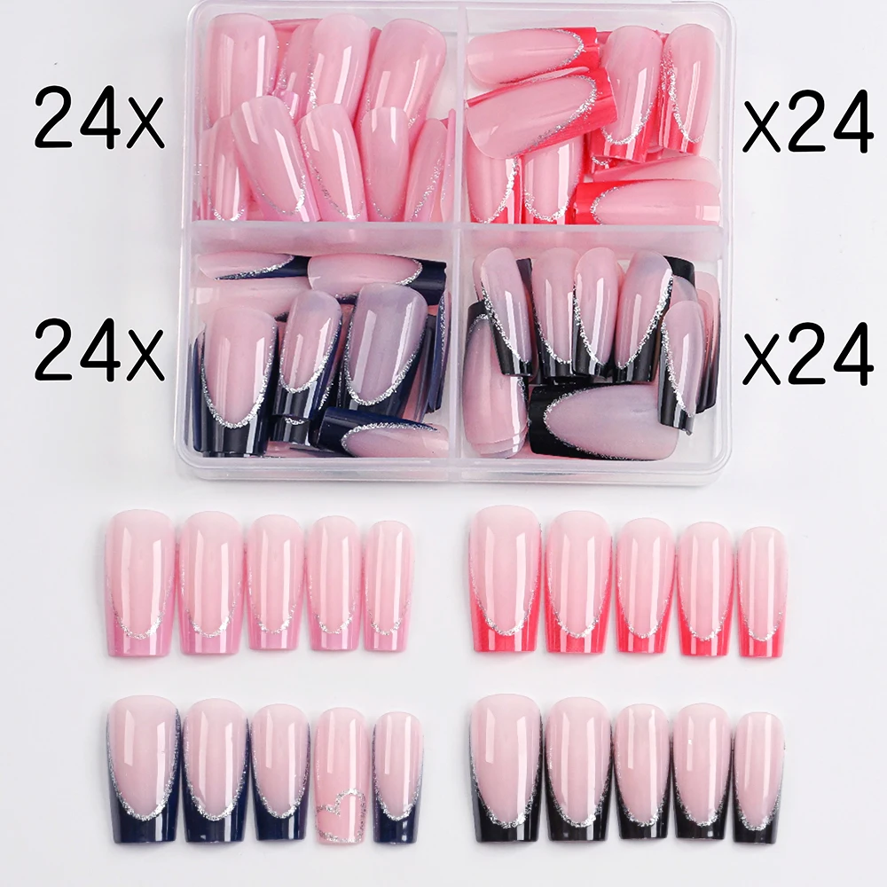 4color Medium Coffin French Fake Nails Black Red With Silver Glitter Full Cover False Nails Mixed Acrylic 96pcs Press On Nails