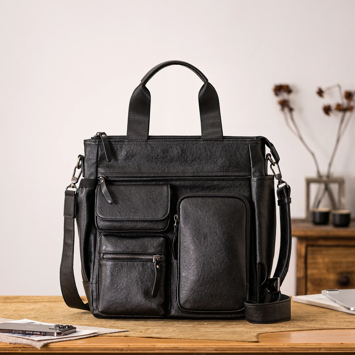 

outdoor commuting first layer cowhide men's black handbag casual daily work real cow leather multi-pocket file shoulder bag