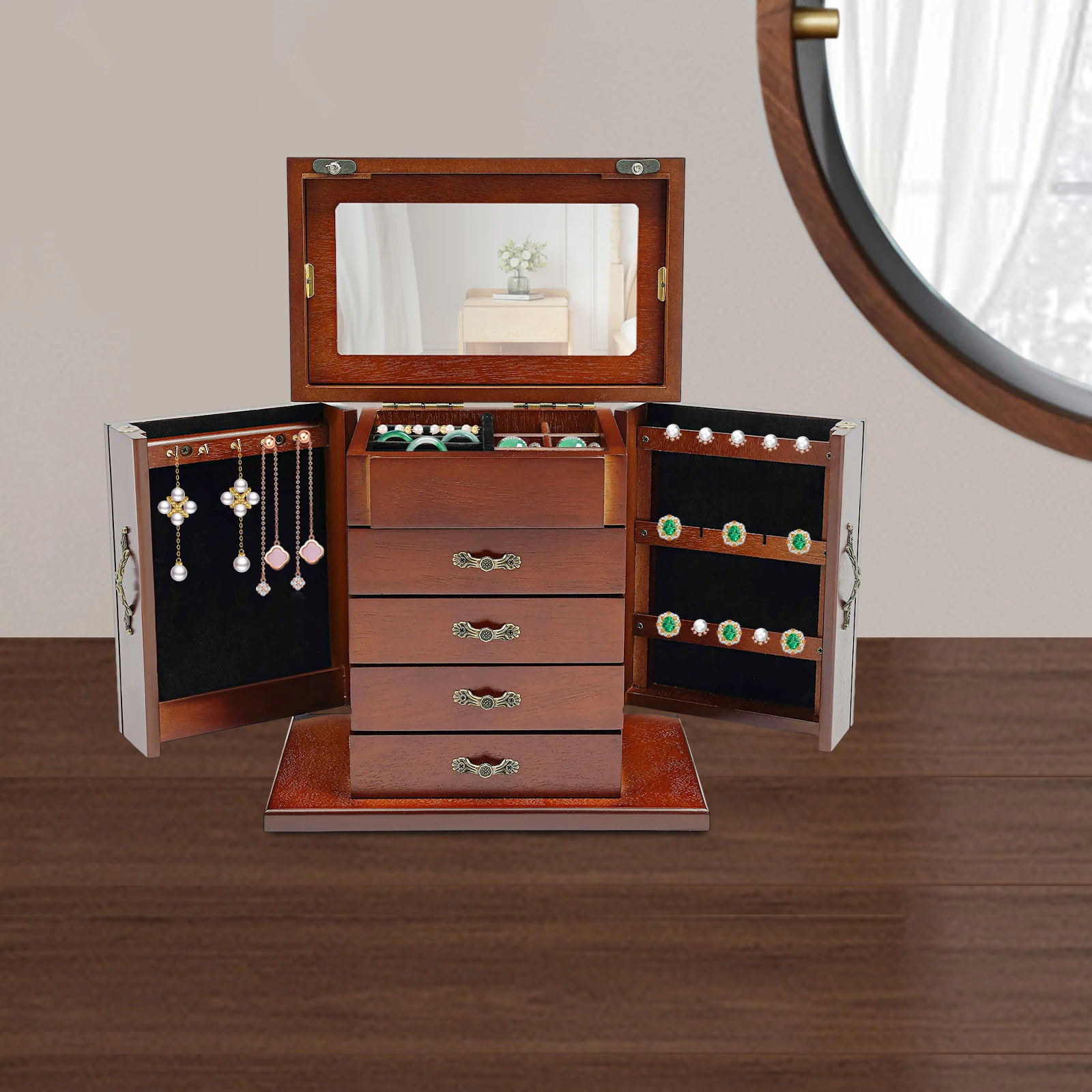 

Vintage Style Rectangular Wooden Jewelry Organizer Storage Box, 4 Drawers & 5 Tiers, Desktop Display Case for Earrings, Rings