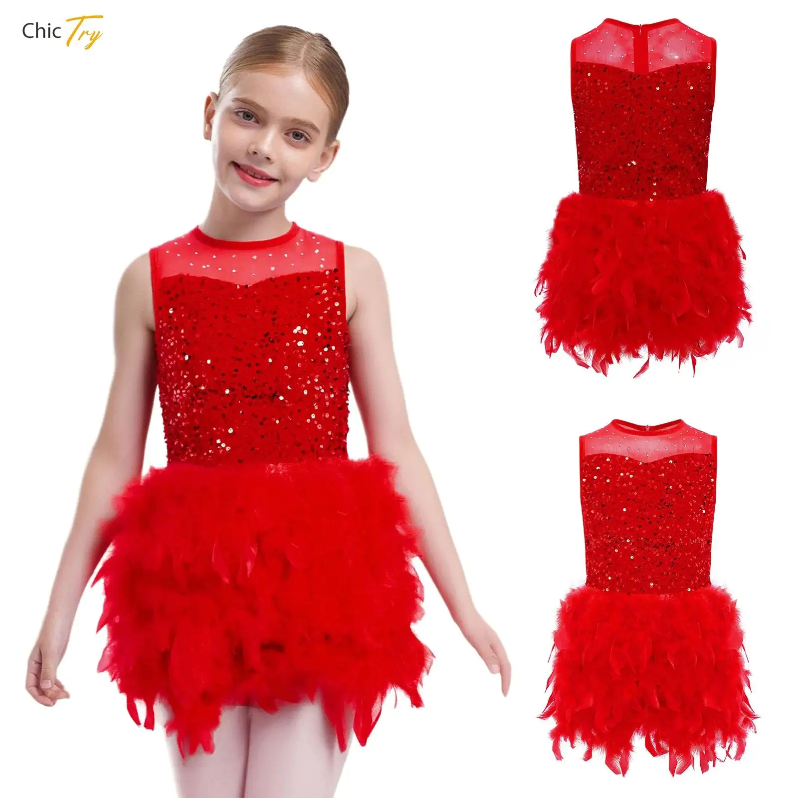 

Girls Jazz Dance Ballet Leotard Dress Performance Costume Sparkly Sequin Bodice Feather Tulle Skirted Velvet Skating Tutu Dress