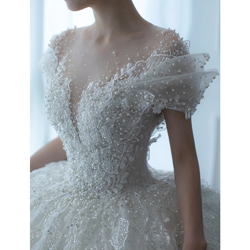 2023 New Luxury Wedding Dress Off The Shoulder V-neck Sexy Lace Applique Princess Wedding Gown With Pearls Vestido De Noiva