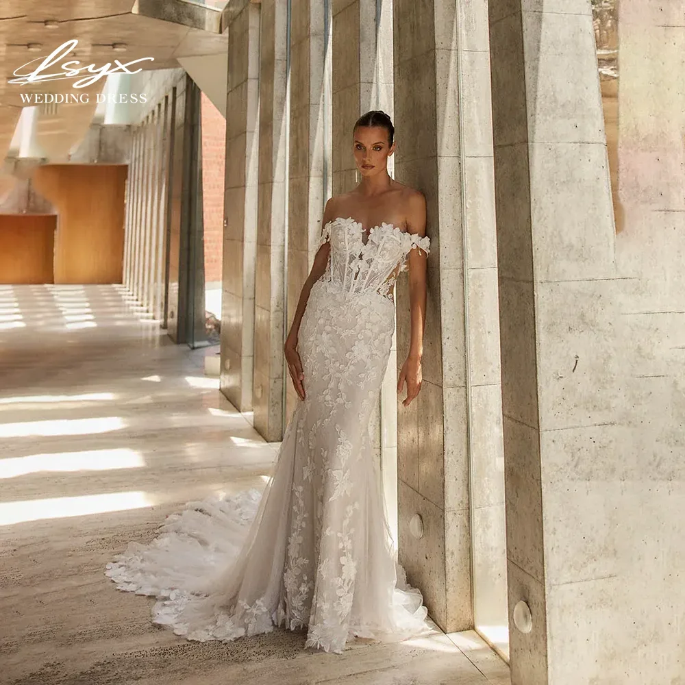 LSYX Aangepaste Zeemeermin Uit De Schouder Open Rug Strapless Vloerlengte Kant 3D Bloem Trouwjurk 2025, Vestidos De Novia