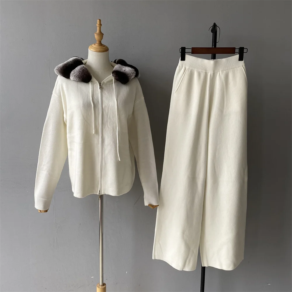 Luxyonuo Wool Blend Sweater Sets with Real Rex Rabbit Fur Zipper Knitted Cardigan and  Straight-leg Pants 2 Pieces Set Fall New