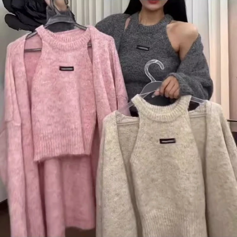 Round-Neck Halter Tank Top Knit Cardigan Two-Piece Set Autumn Winter New Coats Sweet Spicy Sweater Jacket Set Top Y2k Clothes