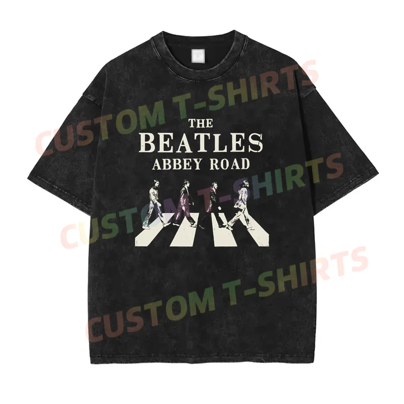 2024 Summer Vintage Cotton Washed Abbey Road Sign T-Shirt Black By The Beatle Loose T Shirts Men Y2K Hip Hop Top Tee