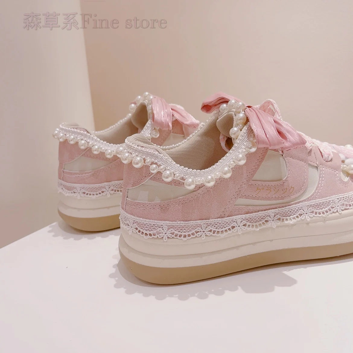 Girls Shoes Pink Lovely Pearls Decoractions Cute Bow Autumn 2023 New Girlish Heart Round Head High Quality Casual Sneakers