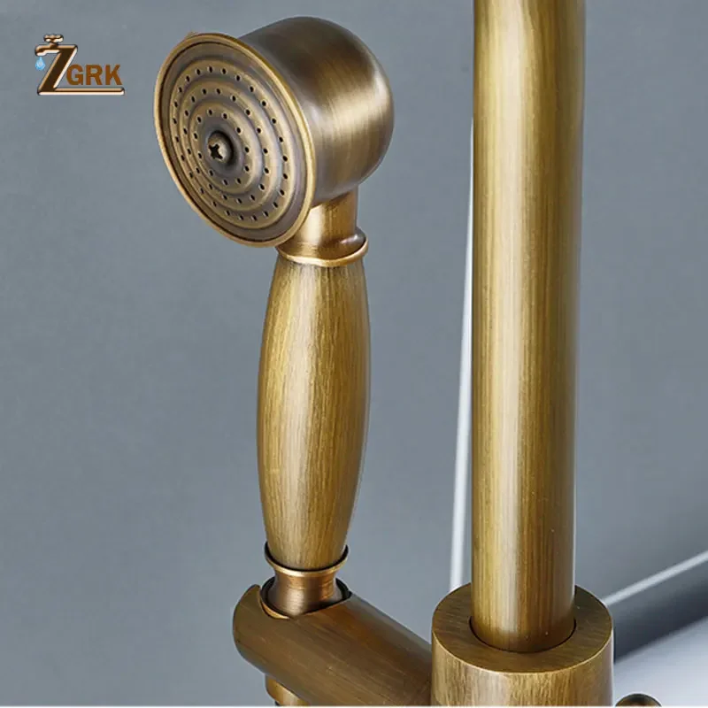 Imagem -05 - Zgrk-antique Brass Bathtub Faucet Floor Mounted Swivel Spout Tub Mixer Tap With Handshower Handheld Bath Shower Water Set