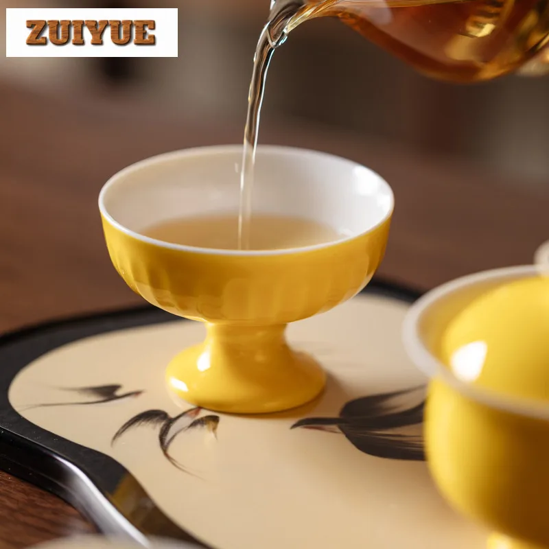 2 قطعة/الوحدة أوراق الخريف الأصفر عالية القدم فنجان الشاي العتيقة وعاء الشاي القدح الشاي تذوق التأمل كوب Chazhan ماستر أكواب الشاي العناصر 80 مللي #2