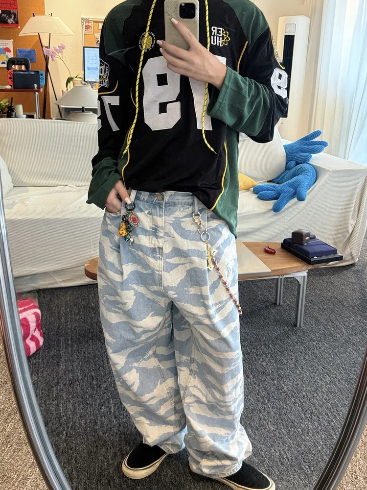 Men Blue Camouflage Jeans Spring Autumn Washed Wave Pattern Denim Pants American Casual Fashion Street Style Vintage Trousers