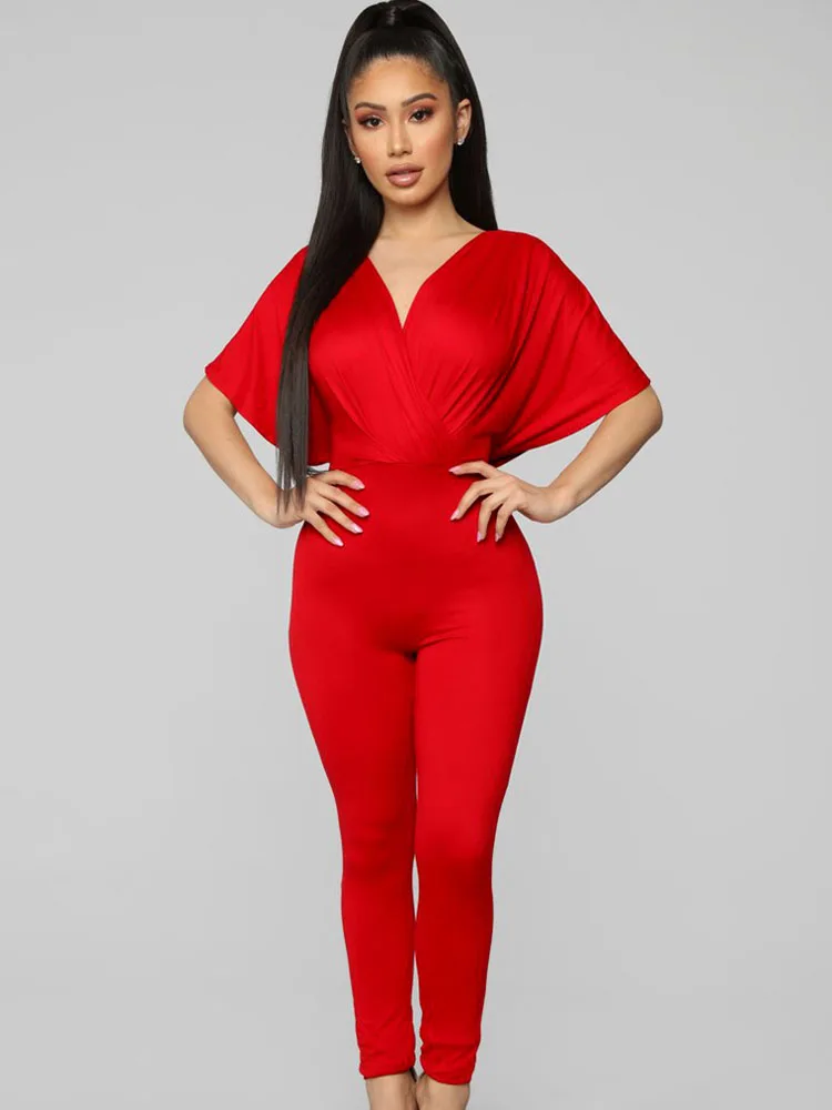 

Solid Elegant Stretchy Casual Jumpsuits Woman Batwing Sleeve V-neck Rompers Sexy Satin One Pieces Overalls Sporty Fitness Outfit