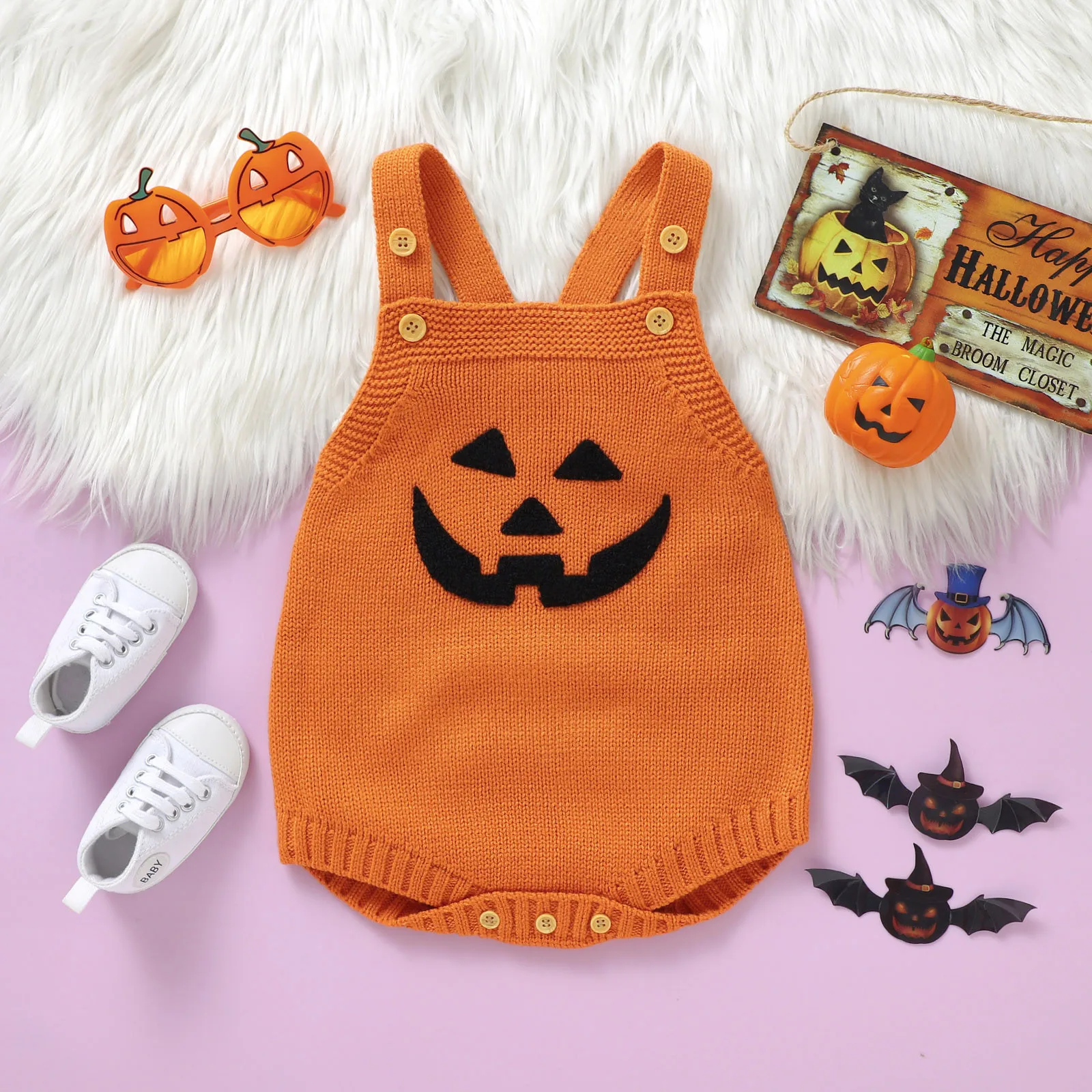 0-24Months Newborn Baby Girls Boys Sweater Rompers Sleeveless Round Neck Pumpkin Knit Jumpsuits Infant Winter Halloween Outfits