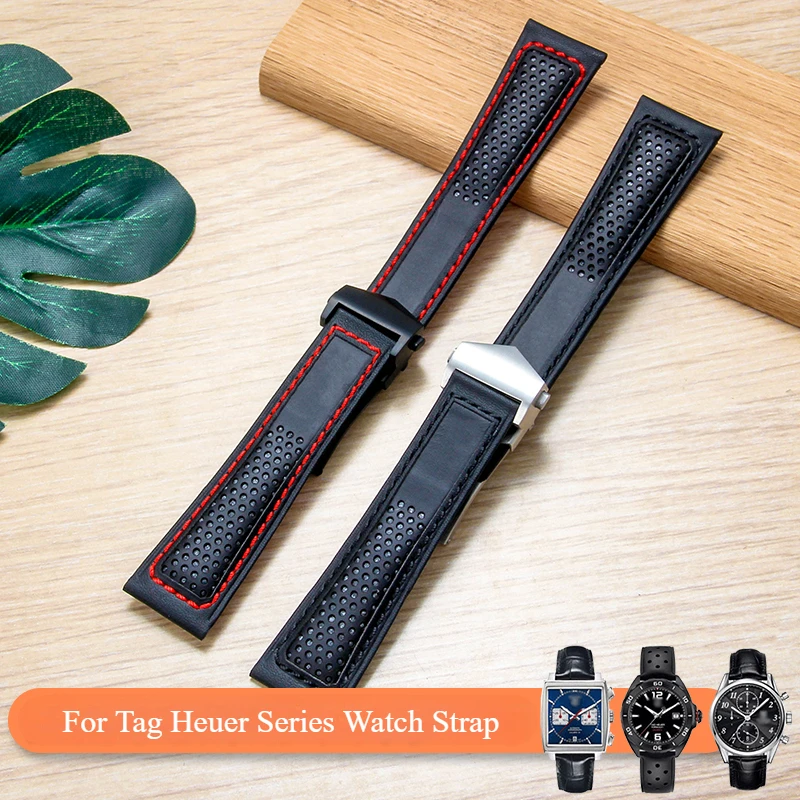 Genuine Leather Watch Accessories for Tag Heuer Series Flexible Durable Breathable Sweatproof Cowhide Watch Strap Black 22mm