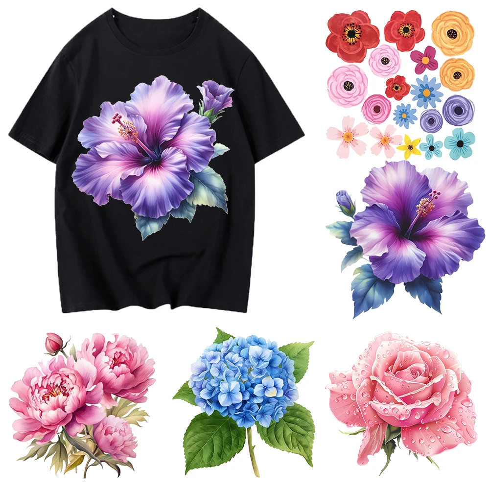 Flowers Fashion Iron On Heat Transfer Stickers For Clothes Dtf Pinted Vinyl Thermal Appliques Washable T-shirt Decal