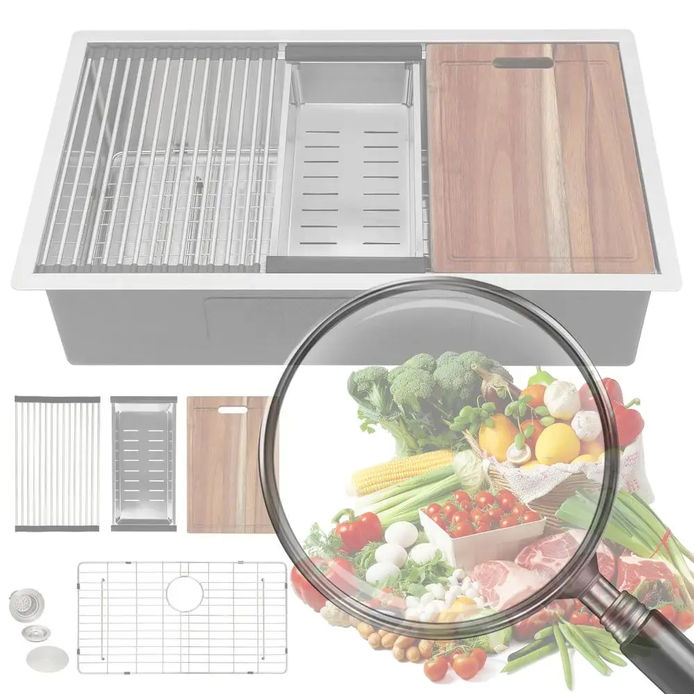 

Кухонная мойка под креплением 16 калибра с нижней решеткой, сетчатый корзина, 30/33 дюйма, кухонные мойки, раковина с аксессуарами, вставные раковины