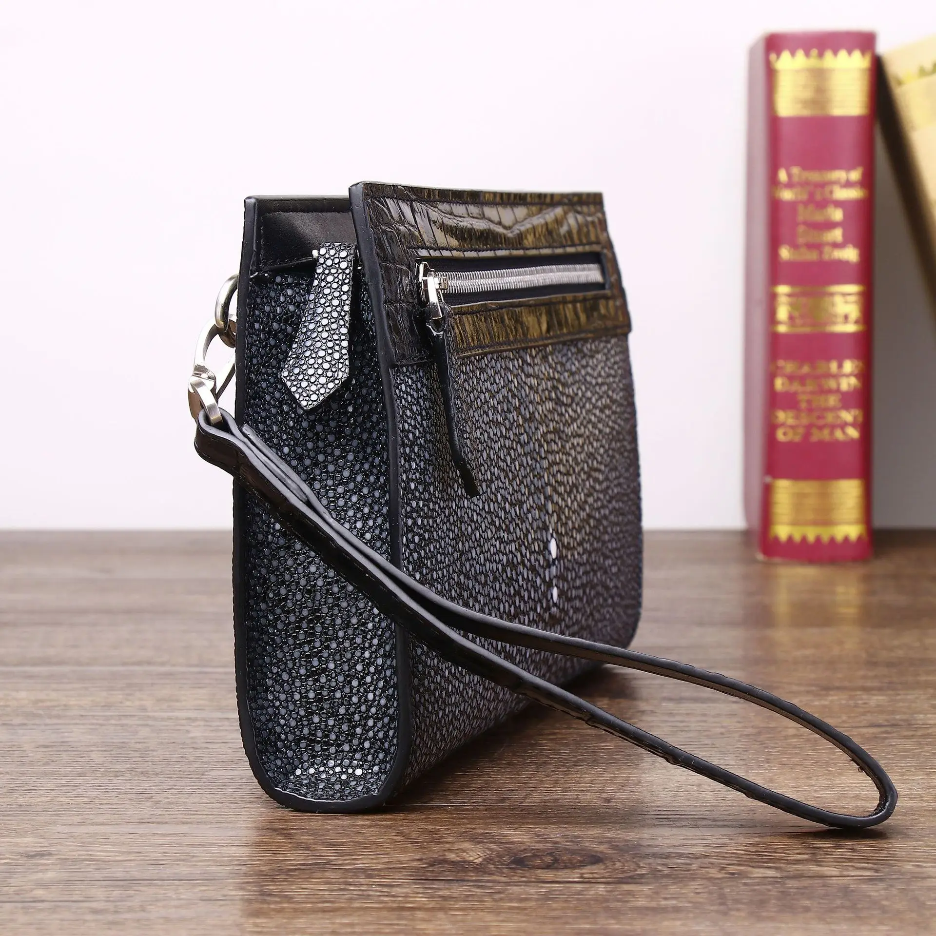 New Smooth Pearl Fish Pattern Men's Genuine Leather Large Capacity Handbag Mobile Phone Bag Small Clip  Male  Wallet Women Purse